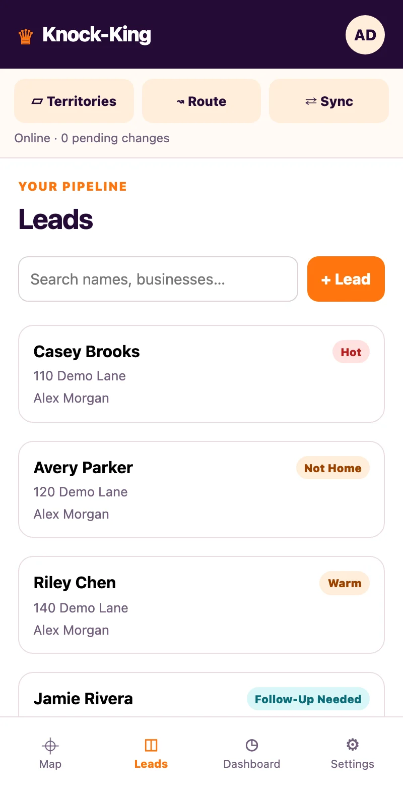 Lead list with contact names, outcomes and assigned reps.