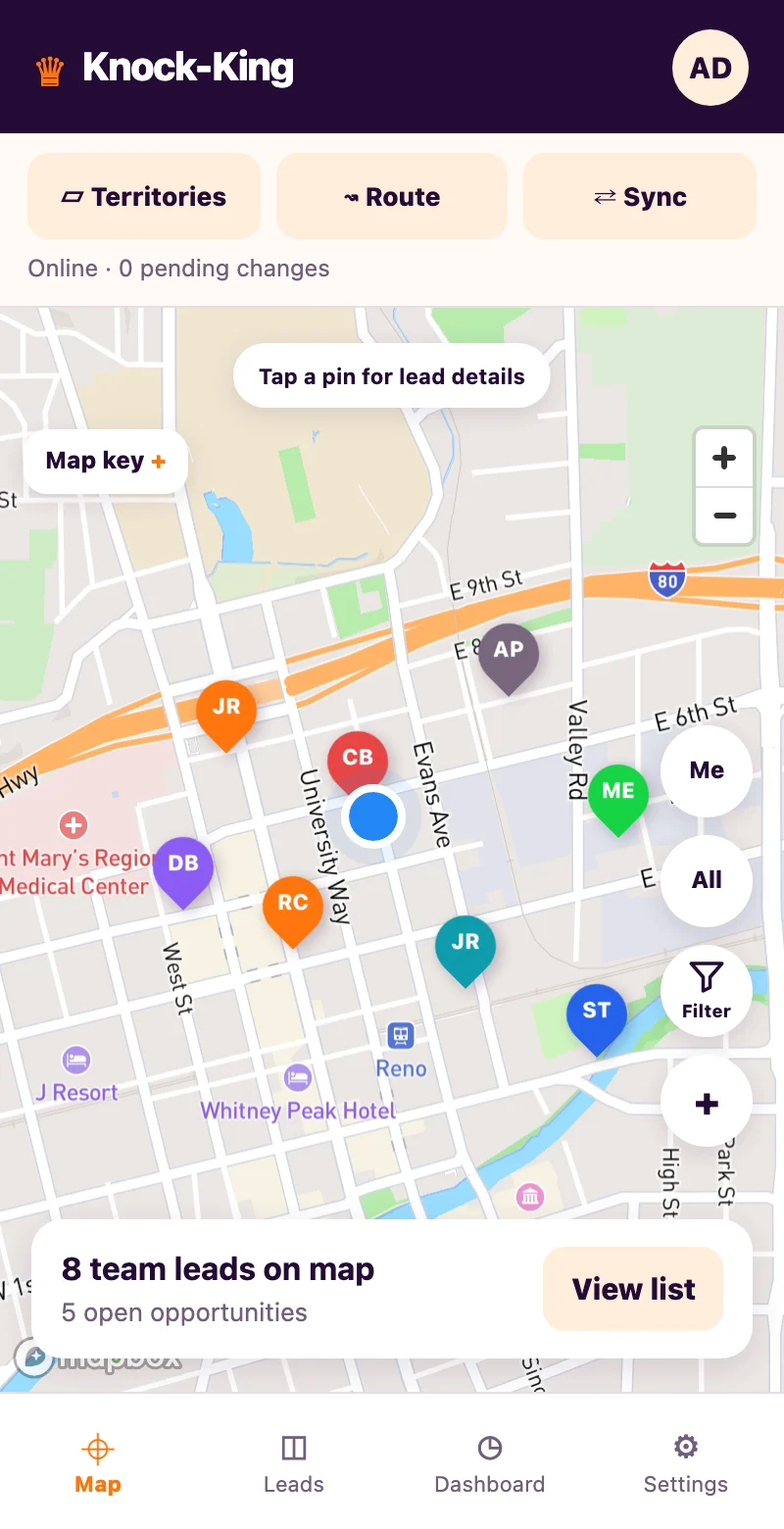Knock-King map with color-coded lead pins, disposition filters, and map navigation.
